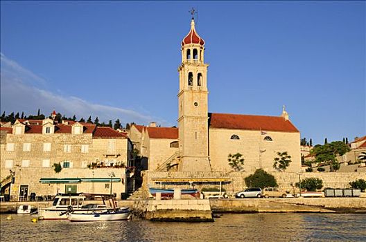渔船,港口,正面,教堂,岛屿,达尔马提亚,克罗地亚,欧洲