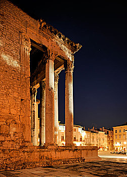 夜晚,庙宇,罗马,奥古斯都,普拉,克罗地亚,欧洲