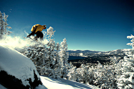 滑雪板玩家,跳跃,粉状雪,高处,太浩湖,内华达
