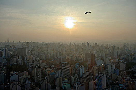 直升飞机,高处,城市,摩天大楼,日落,圣保罗,巴西,南美