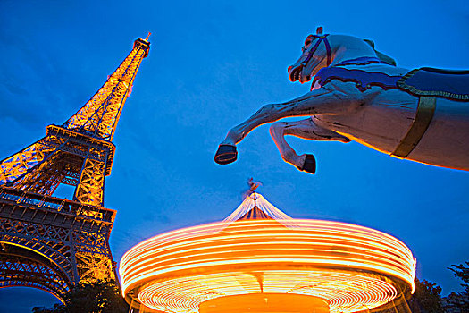 埃菲尔铁塔,旋转,旋转木马,旅游,夜晚,巴黎,法国