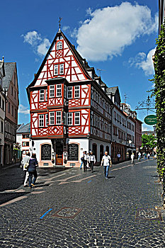 老,半木结构,房子,镜铁,酒餐馆,靠近,美因茨,莱茵兰普法尔茨州,德国,欧洲
