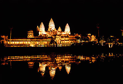 柬埔寨,收获,古老,高棉,庙宇,吴哥窟,夜晚