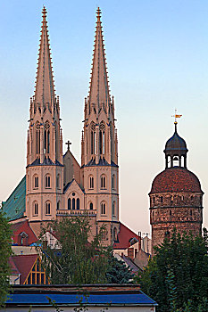 塔,迟,哥特式,圣彼得教堂,晚上,亮光,右边,奥伯劳西茨,萨克森,德国,欧洲