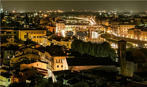 维奇奥桥,夜景,上方,阿尔诺河,佛罗伦萨