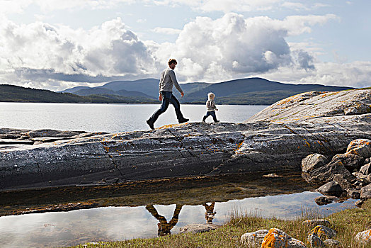 男人,儿子,走,峡湾,岩石构造,挪威