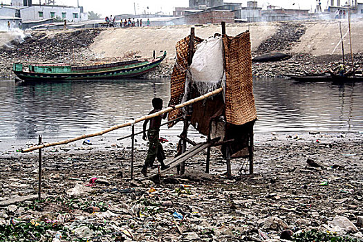 卫生间,垃圾,堤岸,玩,污染,水,达卡,孟加拉,五月,2007年
