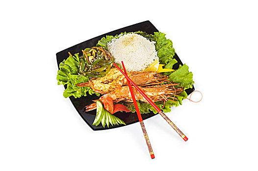 烤制食品,龙虾,米饭,蔬菜,隔绝,白色背景