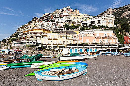 渔船,皮划艇,砾石滩,正面,乡村,波西塔诺,阿马尔菲海岸,坎帕尼亚区,意大利