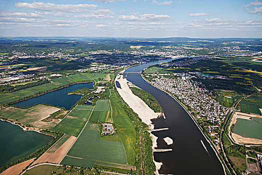 航拍,莱茵河,河,低,水,靠近,右边,后面,铁路,桥,左边,莱茵兰普法尔茨州,德国,欧洲