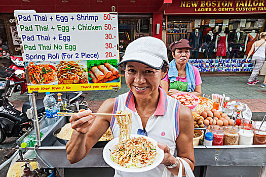 泰国,曼谷,道路,亚洲女性,游客,吃,泰国人