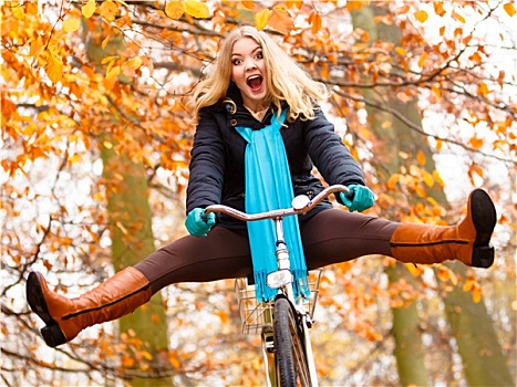 女孩,放松,秋天,公园,自行车