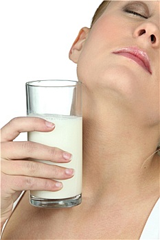 女人,放,玻璃杯,寒冷,牛奶,颈部