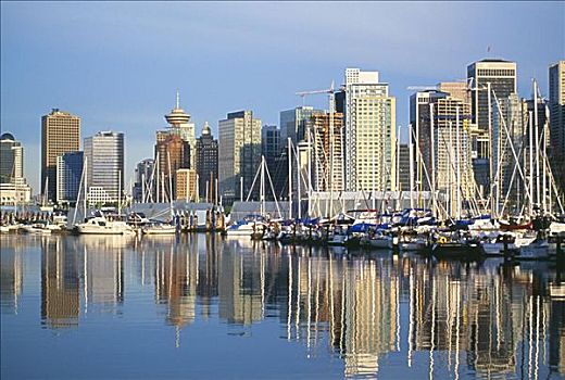加拿大,温哥华,城市天际线,反射,静水,港口