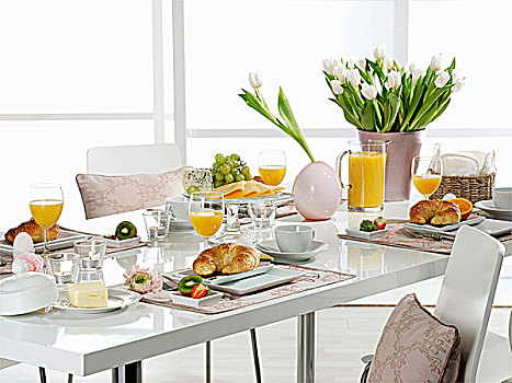 桌子,早餐,白色,郁金香,牛角面包