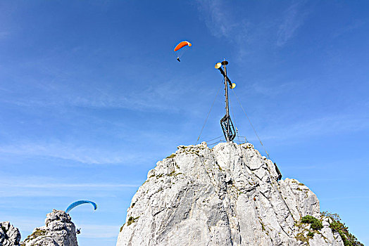 齐姆高,阿尔卑斯山,滑翔伞,高处,顶峰,穿过,山,上巴伐利亚,巴伐利亚,德国