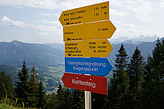 路标,远足,山,靠近,萨尔茨卡莫古特,胜地,区域,上奥地利州,奥地利,欧洲