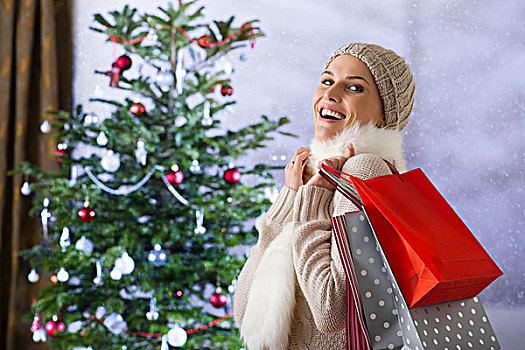 女人,购物袋,圣诞树,背景