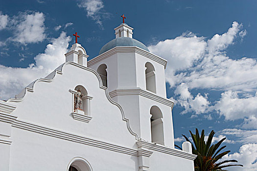 白色,教堂,尖顶,蓝天,云,海边,加利福尼亚,美国