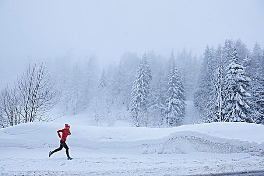 远景,女性,跑步,跑,大雪,瑞士