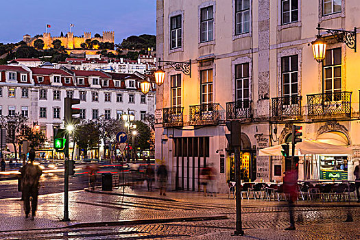 风景,山顶,要塞,光亮,街角,罗西奥,蓝色,钟点,黃昏,里斯本,葡萄牙