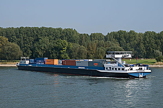 驳船,容器,船,莱茵河,河,靠近,转,机动,北莱茵威斯特伐利亚,德国,欧洲