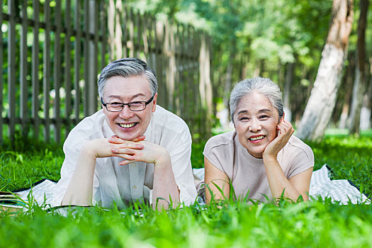 幸福的老年夫妇坐在公园草地上看风景