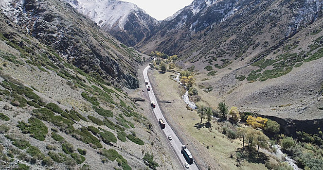 新疆哈密,航拍天山峡谷中的公路