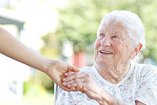 老年,女人,握手