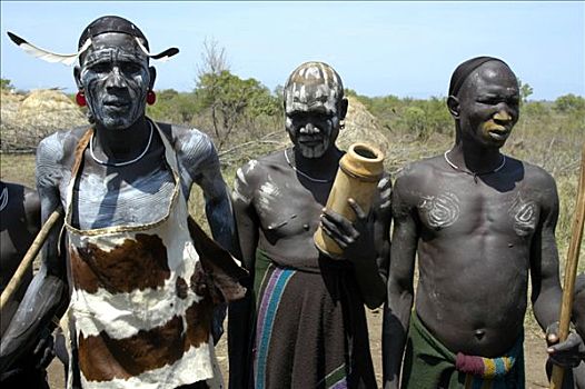 首领,三个男人,莫西部落,涂绘,脸,靠近,金卡,埃塞俄比亚,非洲