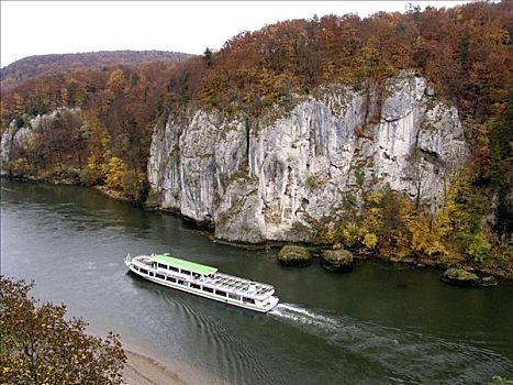 旅游,船,多瑙河,航行,悬崖,靠近,克尔海姆,巴伐利亚,德国,欧洲