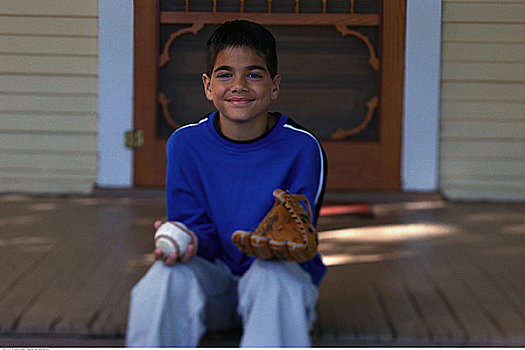 男孩,肖像,坐,门廊,棒球,手套