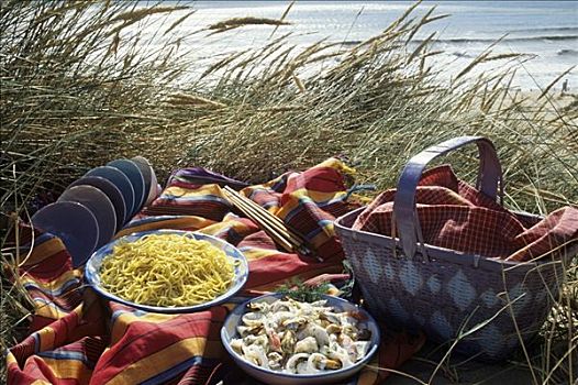 野餐,海洋,海鲜沙拉,面条