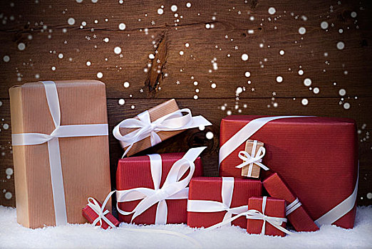 红色,圣诞礼物,礼物,白色,丝带,雪花