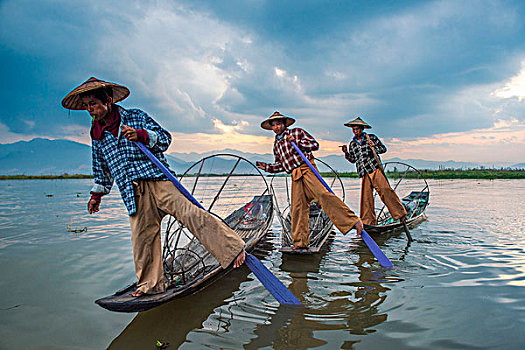 茵莱湖,城镇,地区,缅甸,渔民,划船
