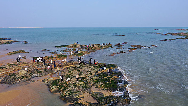 航拍赶海胜地太公岛,游客赶海拾贝乐在其中