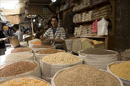 露天市场,市场,调味品,豆类,也门,中东