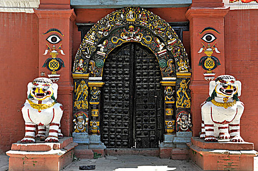 庙宇,塑像,狮子,雕塑,入口,湿婆神,杜巴广场,加德满都,加德满都山谷,尼泊尔,亚洲