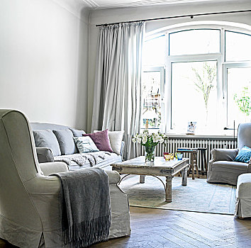 沙发,茶几,拱形,窗户,帘,传统,室内