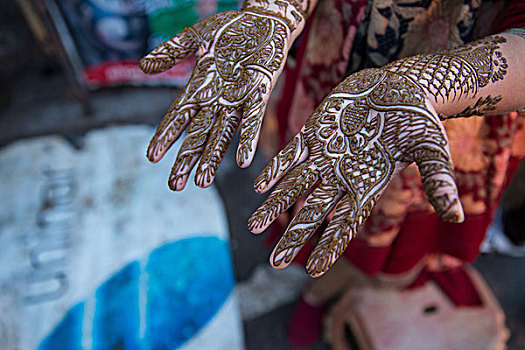 两只,手,女人,艺术,散沫花染料,描绘,新鲜,拉贾斯坦邦,印度