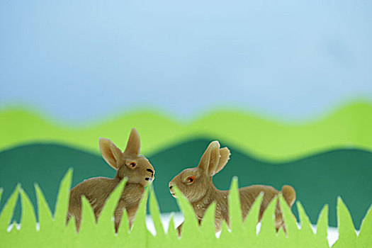 剪纸,草地,野兔,人造,地点,风景,复活节兔子,褐色,米色,象征,复活节,草,绿色,蓝色,晴天