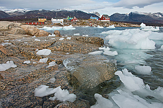 格陵兰,半岛,迪斯科湾,冰河,冰,港口,特色,彩色,家,远景,大幅,尺寸