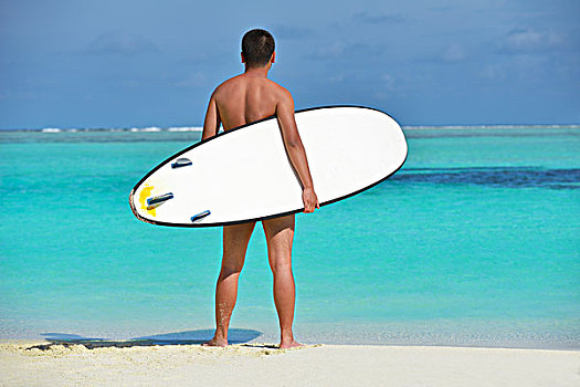 男人,冲浪板,漂亮,热带沙滩,海滩