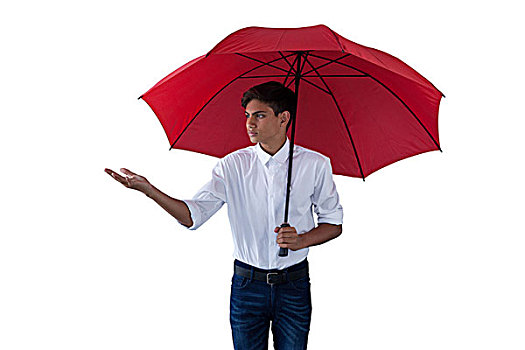 男孩,站立,红色,伞,手势
