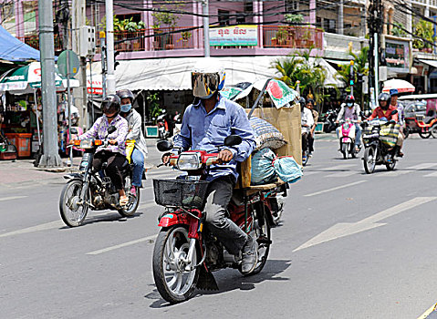 街景,小轮摩托车,金边,柬埔寨,东南亚,亚洲