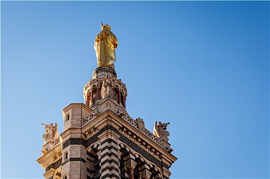 金色,雕塑,圣母玛利亚,拿着,小,耶稣,上面,巴黎圣母院,马赛,法国