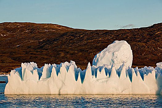 格陵兰,伊路利萨特,子夜太阳,齿状,漂浮,冰山,靠近,冰河,迪斯科湾,海岸线,夏天,晚间