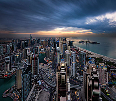 城市,迪拜,阿联酋,黄昏,摩天大楼,排列,海岸线,波斯湾