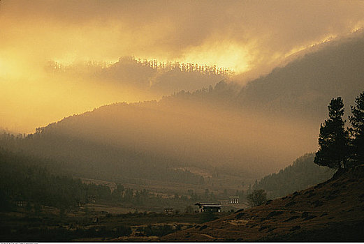 风景,山峦,日落,不丹