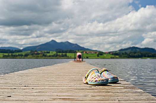 泡沫,木底鞋,站立,木码头,湖,靠近,巴伐利亚,德国,欧洲